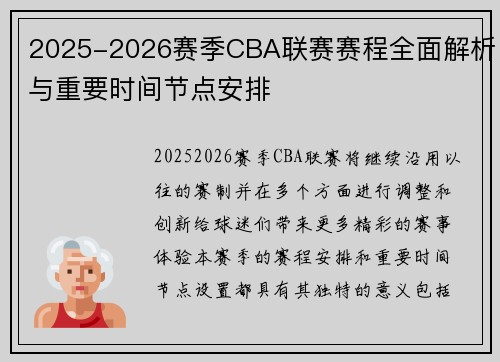 2025-2026赛季CBA联赛赛程全面解析与重要时间节点安排